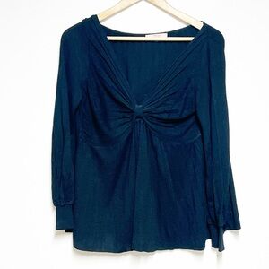 RED VALENTINO black V-neck ruched twist knot Ribbed Sweater Sz L